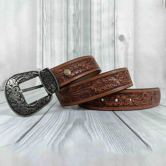 Western Leather Belt, Engraved Floral Tooled Leather Belt, Belt for Men & Women - Picture 3 of 12